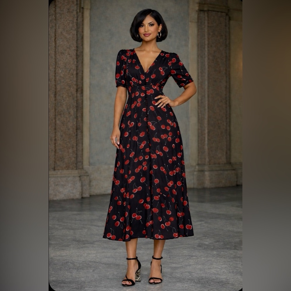 NWT The Kooples “La Cerise” cherry print midi dress US 6–8 (Small/Medium)